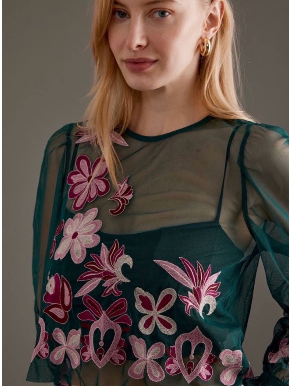 By Anthropologie Teal Embroidered Mesh Top Pink Flowers Metallic Thread XL - Picture 3 of 8